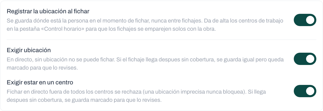 Los tres interruptores de ubicación en Admin › Empresa › Control horario
