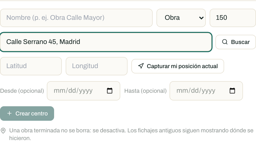 Formulario de alta de un centro