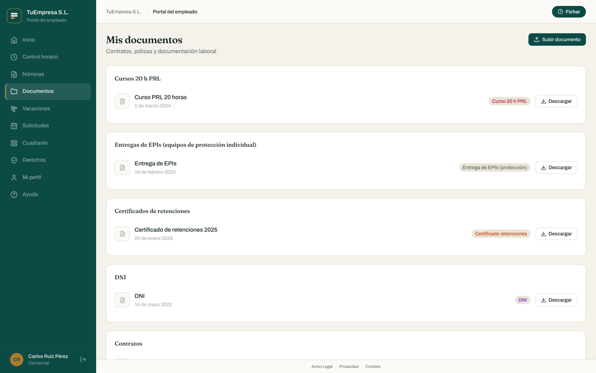 Documentos del empleado con el contrato firmado
