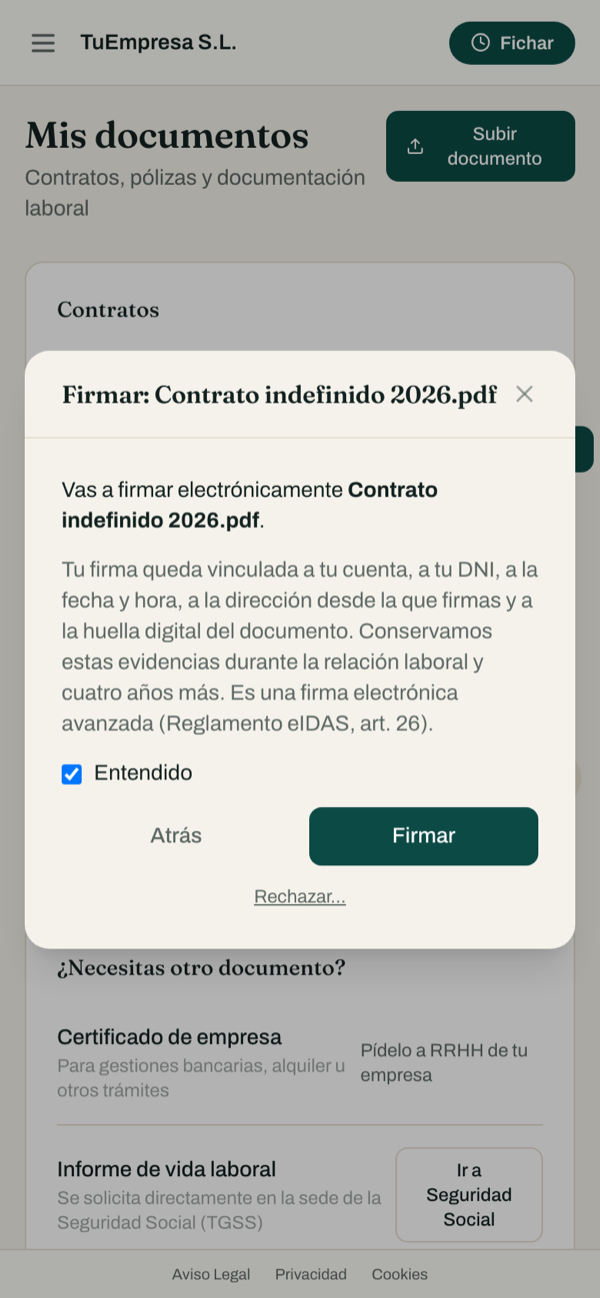 Contrato pendiente de firma en el móvil del trabajador