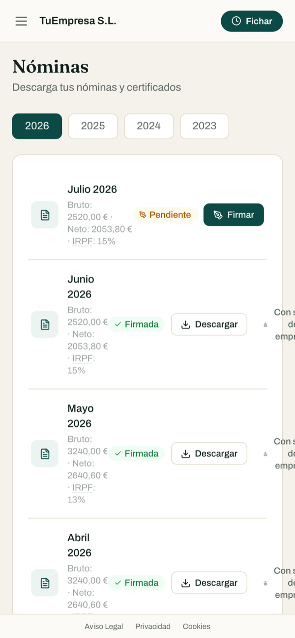 Nóminas del empleado en el móvil: firmar y descargar
