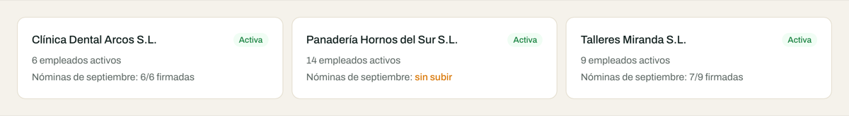 Las tres empresas cliente de un despacho en su panel de gestoría